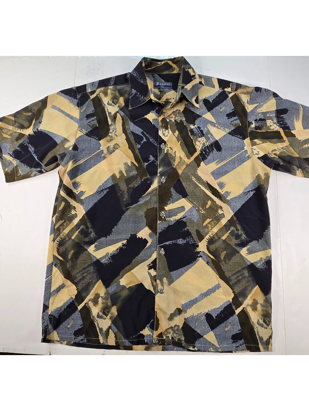 Bassiri Uomo Shirt Mens L Yellow/Grey/Brown Abstract Short Sleeve Striped